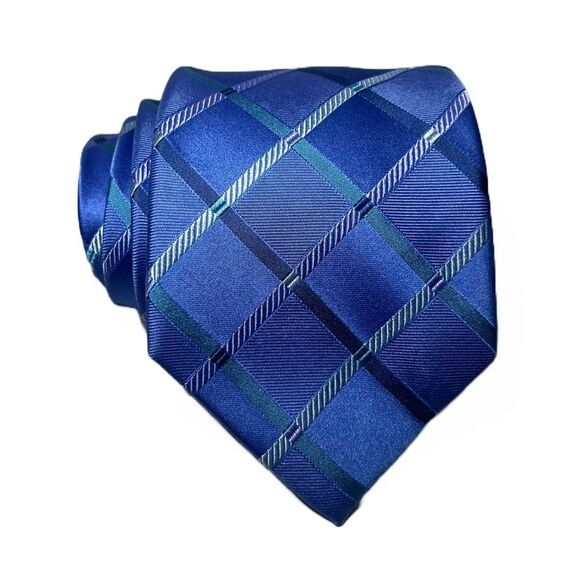 2for25 Michael Kors Silk Men’s Tie Blue Plaid Check Embroidered Designer Necktie - Picture 1 of 9